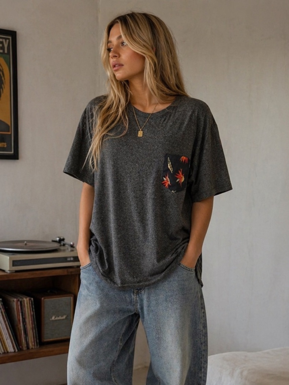 Grey Floral Print Pocket Crew Neck Casual Short Sleeve Tee Shirt L
